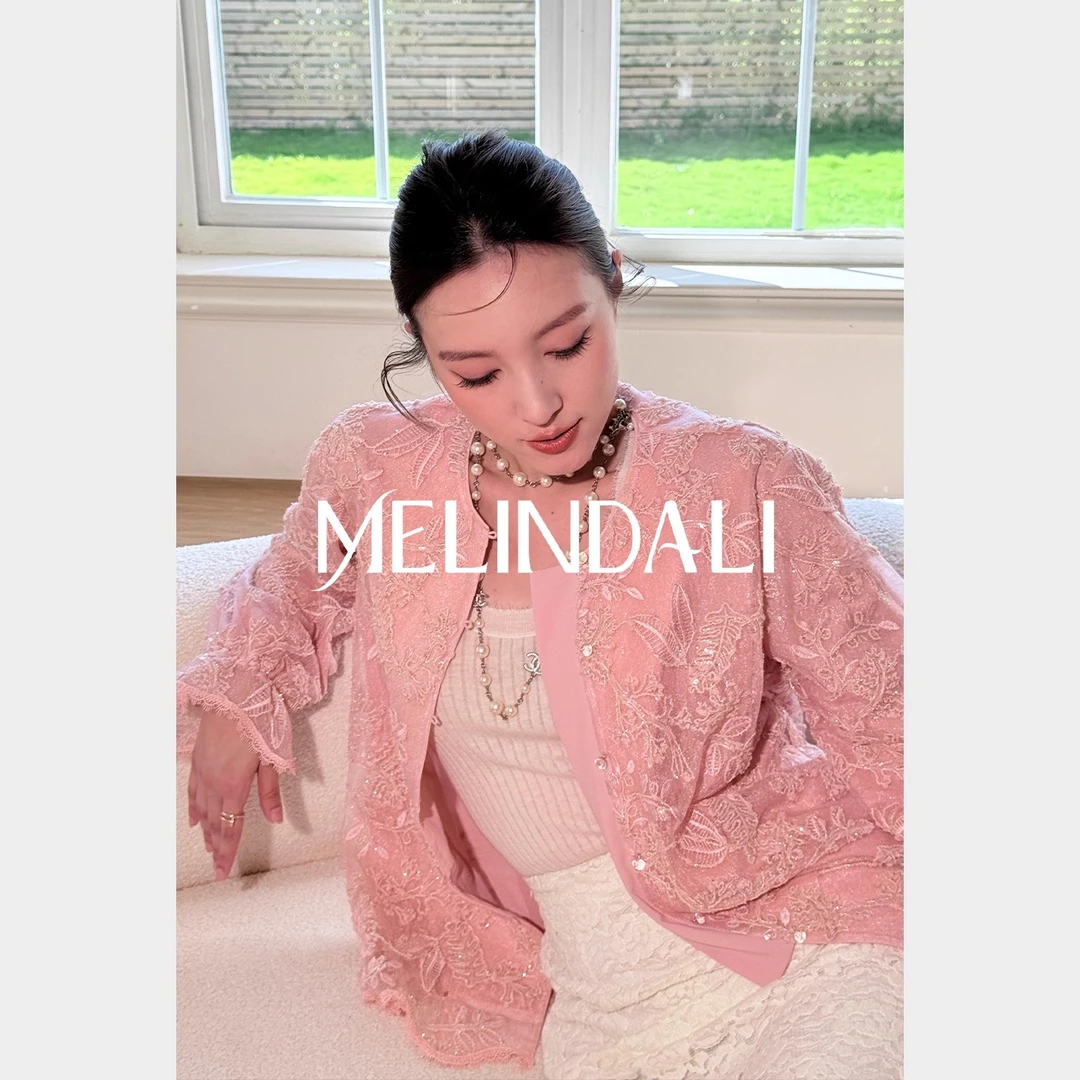 Melinda Li【珊瑚粉雾】新中式玫瑰粉重工亮片绣花苞袖长袖衬衫外套