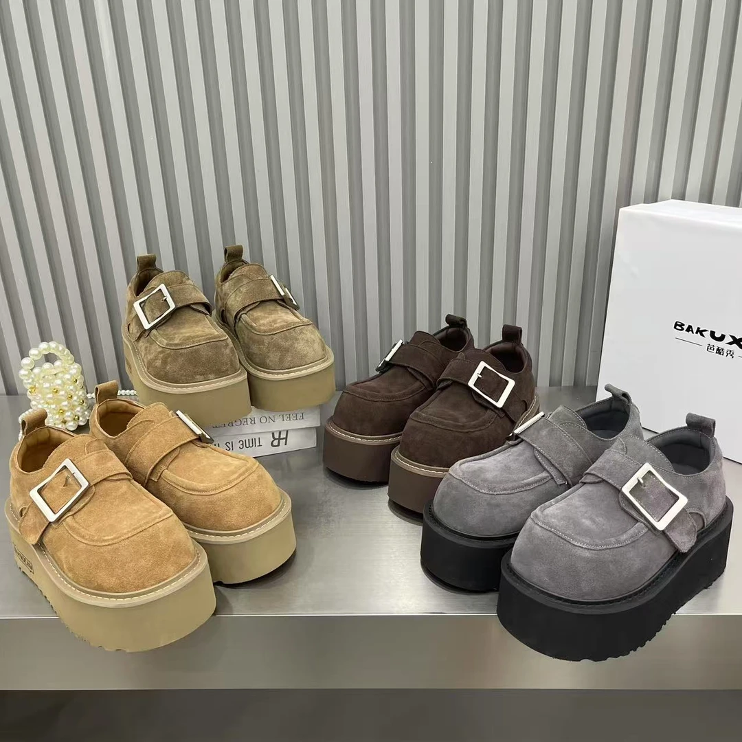 2025新款秋季透气厚底休闲女鞋时尚百搭增高乐福鞋翻毛皮女单鞋潮