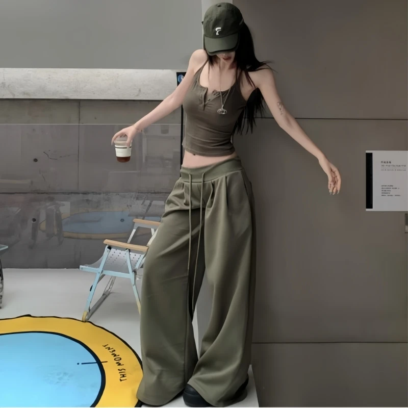 军绿色美式复古运动裤女秋季低腰抽绳宽松显瘦直筒垂感休闲阔腿裤