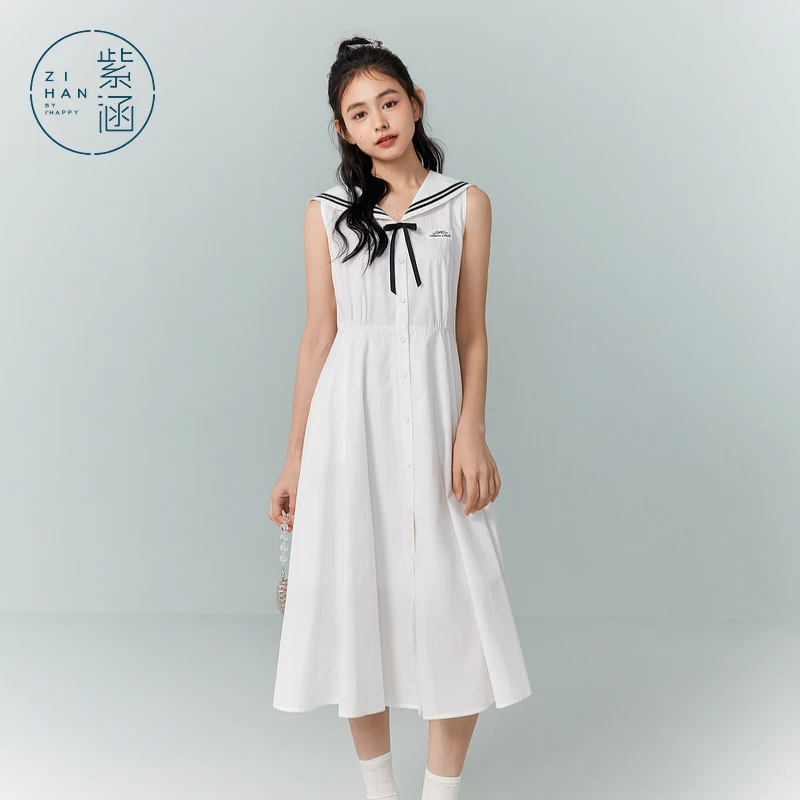 紫涵海军领无袖连衣裙女2025夏季新款单排扣收腰a字裙Z4Z05KF572