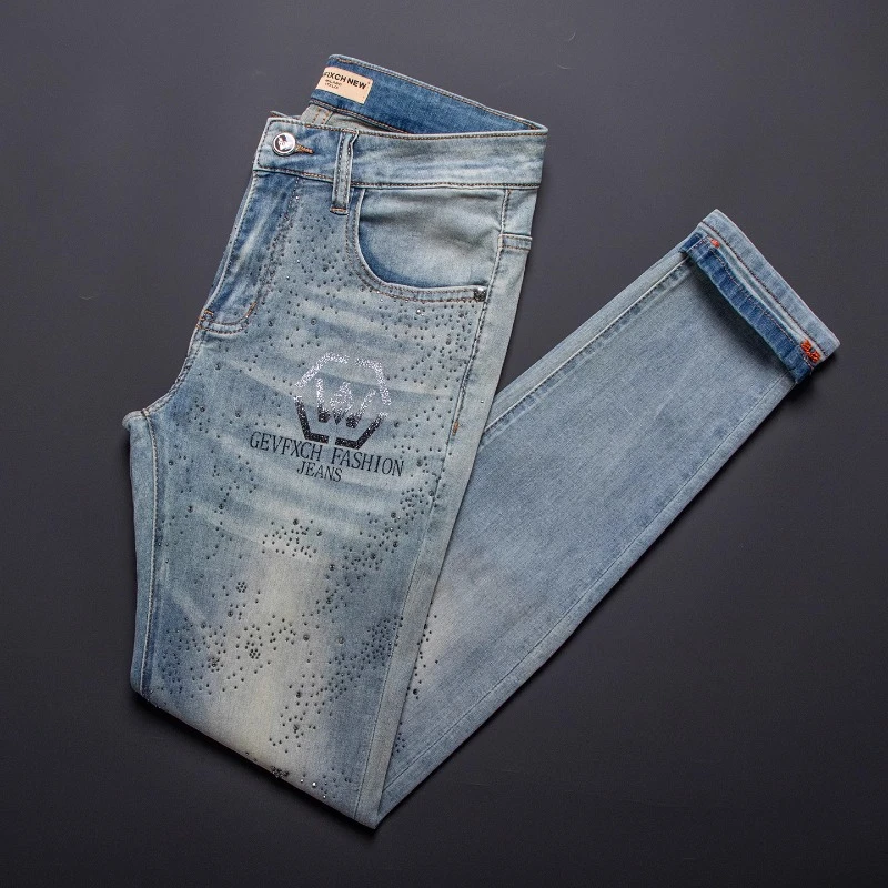 佩托本那夏季薄款牛仔裤满天星烫钻男款修身小脚裤弹力百搭长裤子