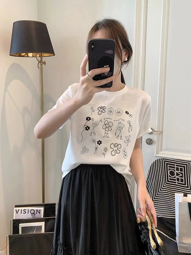 妮妮家96653夏季新款花朵字母百搭韩系宽松显瘦短袖