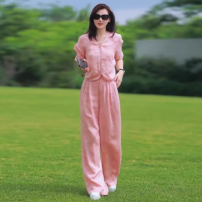 高级感粉色苎麻套装女2025夏季新款修身显瘦时尚气质减龄两件套