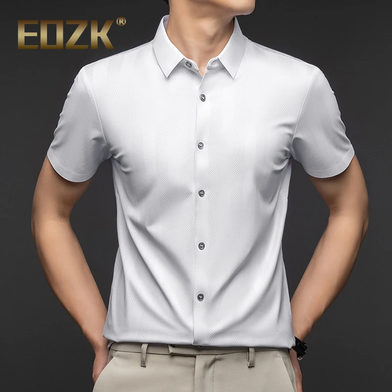 Eozk冰丝短袖衬衫男士夏季纯色薄款透气条纹衬衣商务休闲半袖上衣