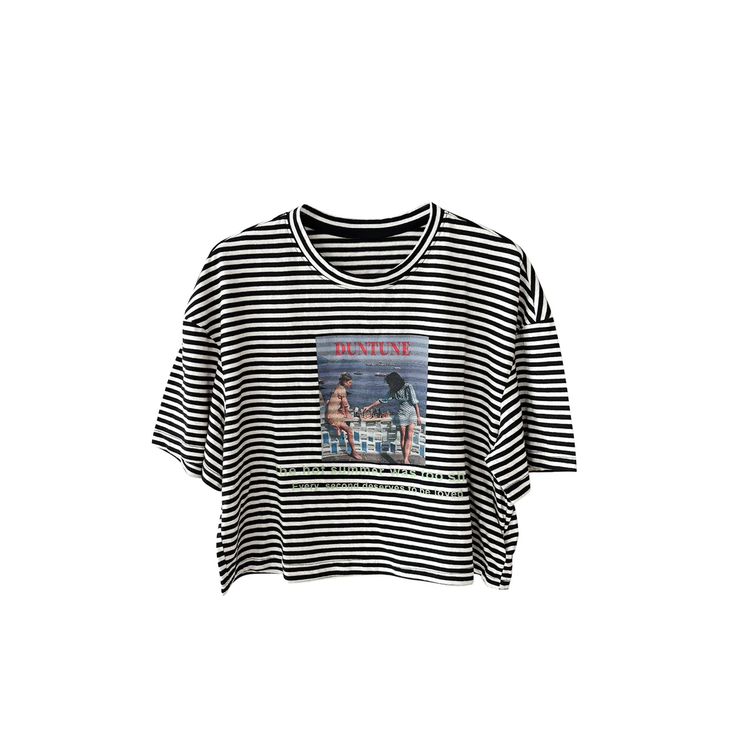 【折客优品】女士 T 恤夏季新款黑白条纹印花短款宽松潮酷上衣