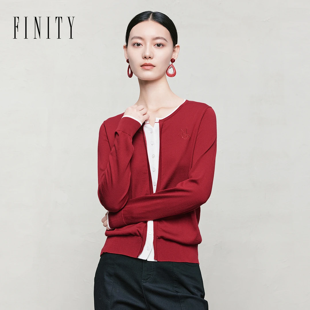 FINITY 假两件拼接针织衫新款简约红色圆领上衣 F21Y6D03Z2