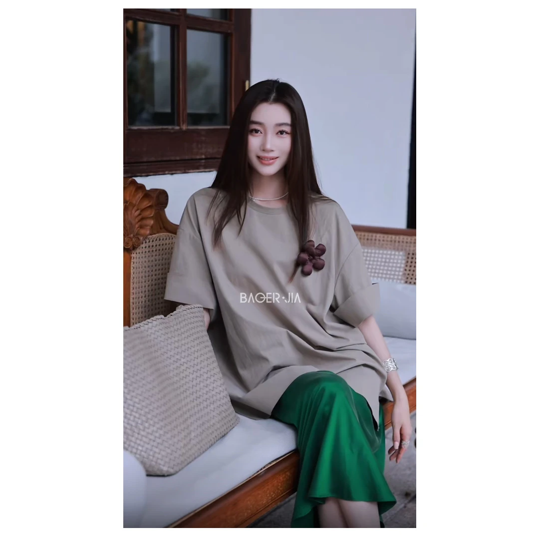 25-宝儿家含幂BL106425205夏季新款休闲简约宽松圆领小花设计上衣