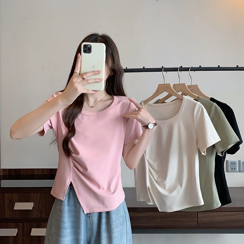 【雪梨】2025夏装新款大码女装修身显瘦褶皱设计感辣妹短袖T恤32959