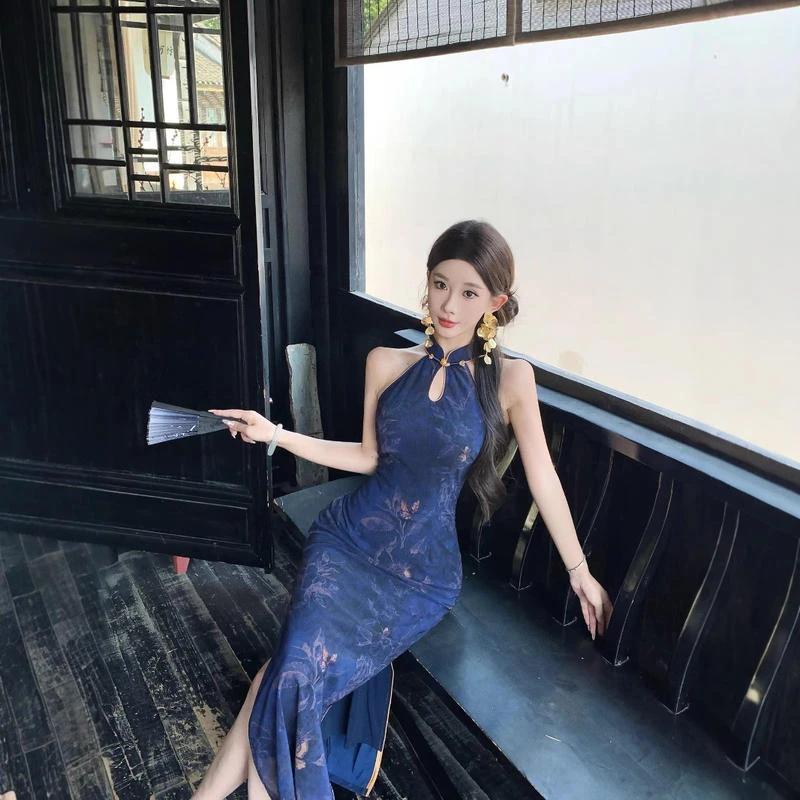 【兰亭序】新中式蓝色提花旗袍改良少女高级感修身显瘦挂脖连衣裙