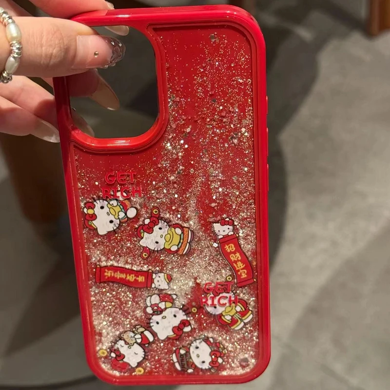 新年红闪粉流沙财神kt猫适用iPhone16promax手机壳可爱15个性创意
