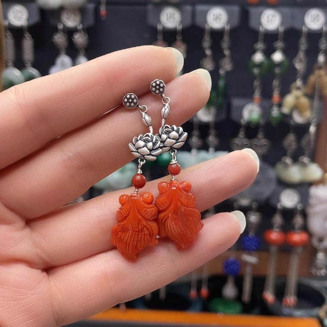 南红玛瑙耳饰银S925镶嵌大**艾397ghjgghh