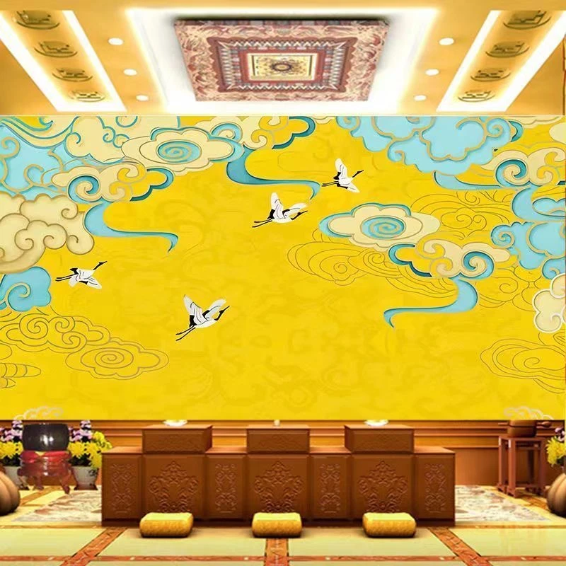 仙鹤祥云道家壁纸寺庙佛堂天棚吊顶壁画墙布佛道仙神位背景图案画