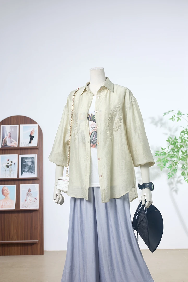 琴川谷夏醋酸亚麻天丝时尚翻领花朵刺绣宽松百搭长袖防晒衬衫女薄