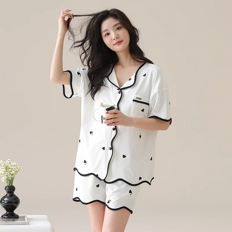 新款睡衣夏季翻领短袖宽松学生韩版家居服冰丝螺纹外穿套装