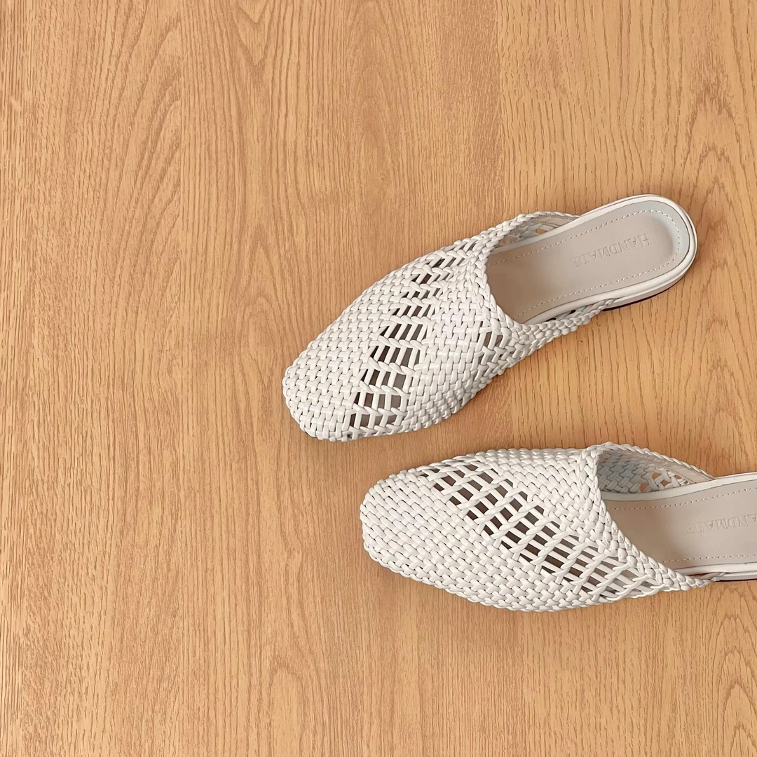 HUSSLOVE 超纤编织·跟高2CM·百搭休闲夏季镂空透气包头半拖女鞋