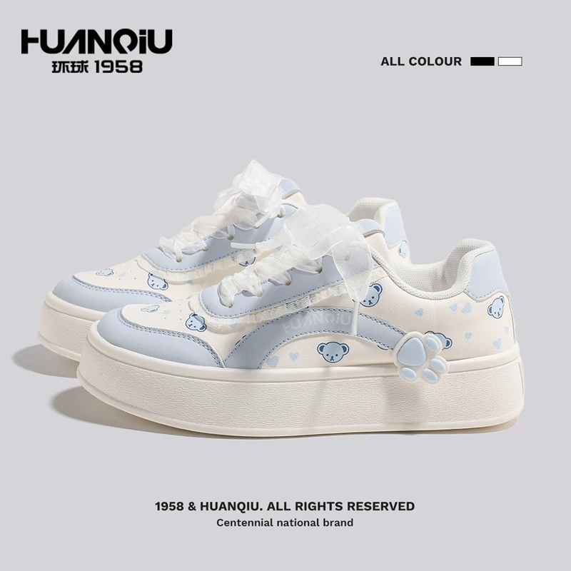 环球秋季透气透气板鞋休闲通用小熊爱心印花学生小白鞋鞋子ins