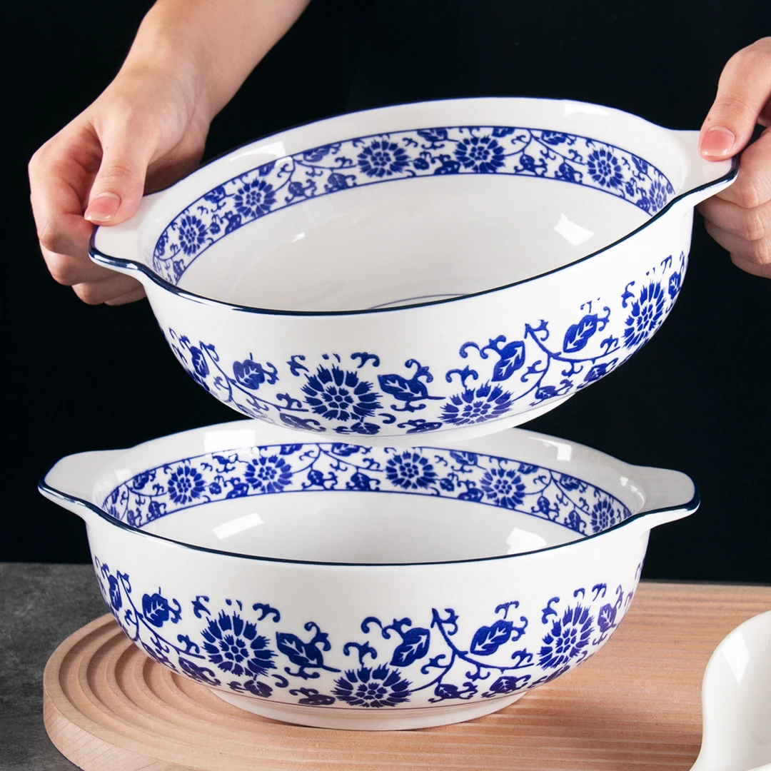 青花10.5英寸陶瓷瓷双耳碗家用水煮鱼碗汤碗大碗陶瓷汤碗酸菜鱼