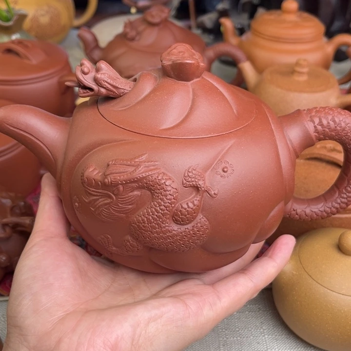 狸***猫紫砂茶壶原矿红皮龙鱼化龙精工半手660cc