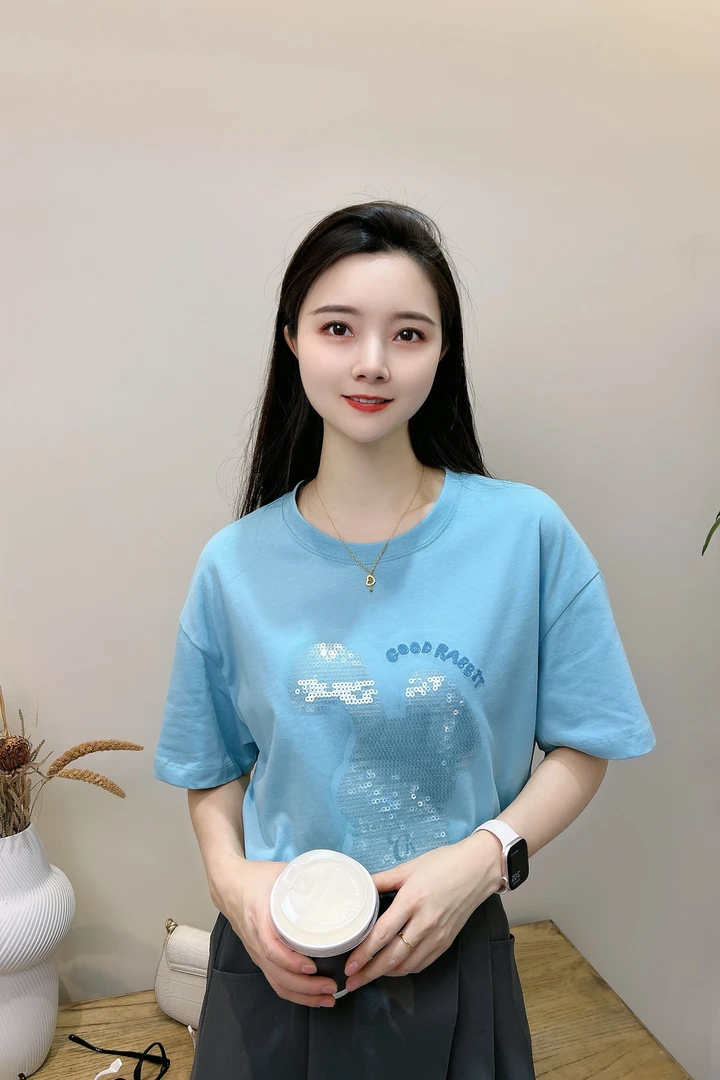 宽松T恤大版重工夏季百搭圆领女士