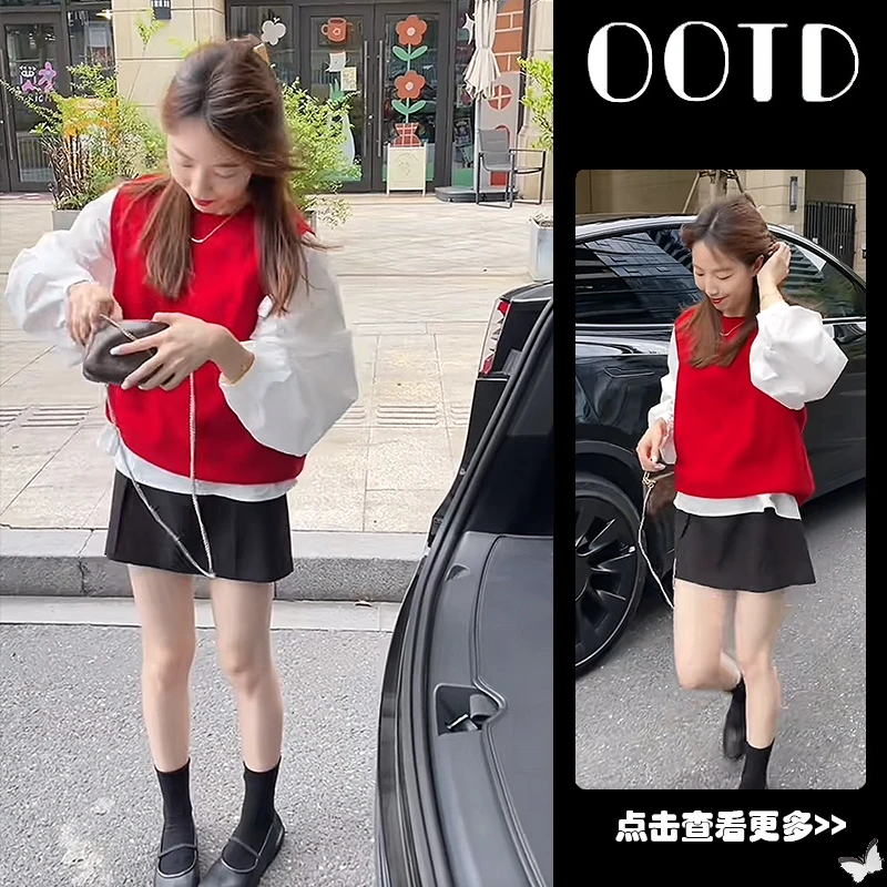 早秋穿搭一整套女2025新款白色泡泡袖衬衫马甲背心百搭短裙三件套