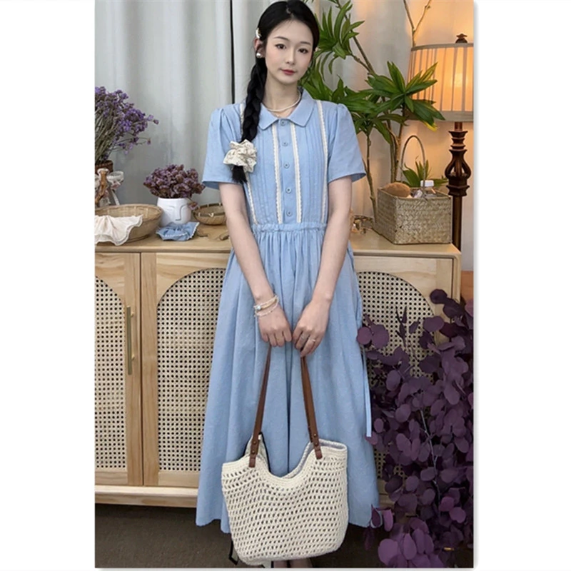 大乔【浮梦】夏季纯棉提花短袖连衣裙拼接气质长裙显瘦蓝色