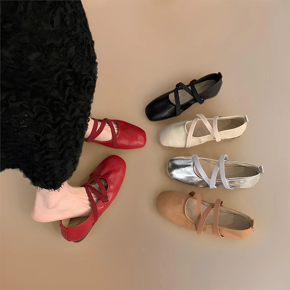 明星同款女士夏季初秋穿的温柔晚晚风风格红色平底复古超软羊皮玛