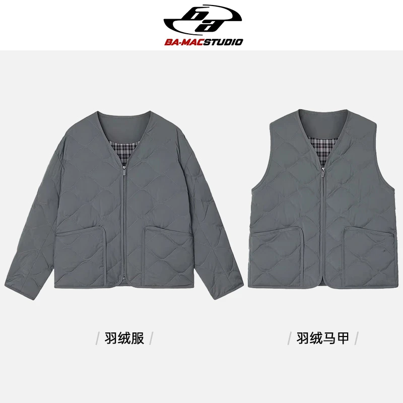 [BA-MAC]90鹅绒菱格V领羽绒马甲/羽绒服25冬季羊毛混纺平纹布外套