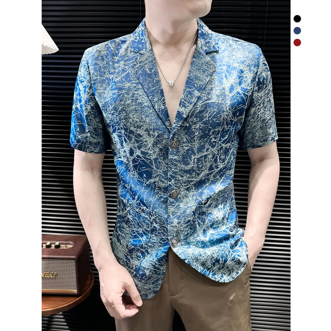 古巴领印花短袖冰丝西服男款薄款夏季新款轻奢痞帅男装休闲西装男