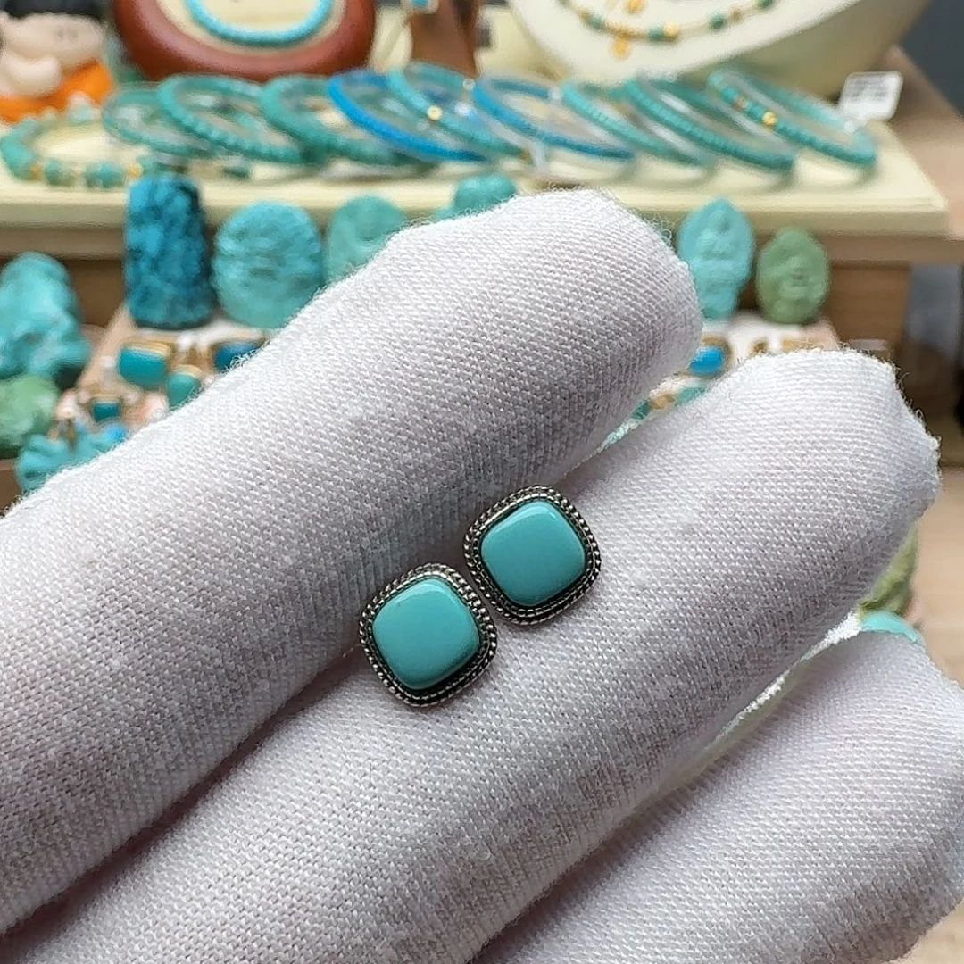 绿松石银S925镶嵌高瓷蓝绿方糖耳钉