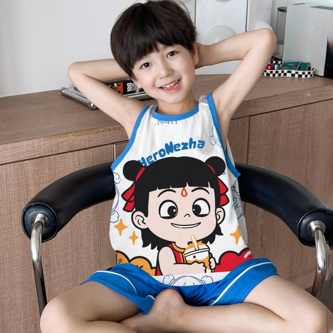 儿童睡衣夏季男孩无袖a类纯棉短袖奥特曼背心套装薄款宝宝家居服