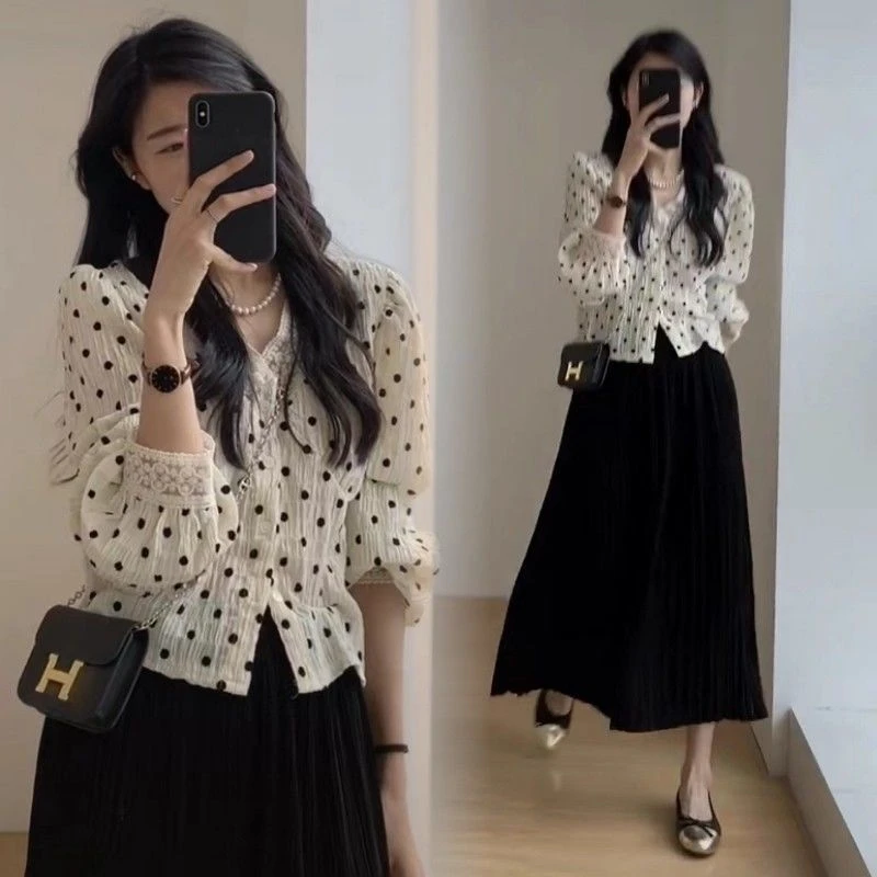 单件/复古波点蕾丝花边V领气质风衬衫女半身裙夏季新款短款上衣