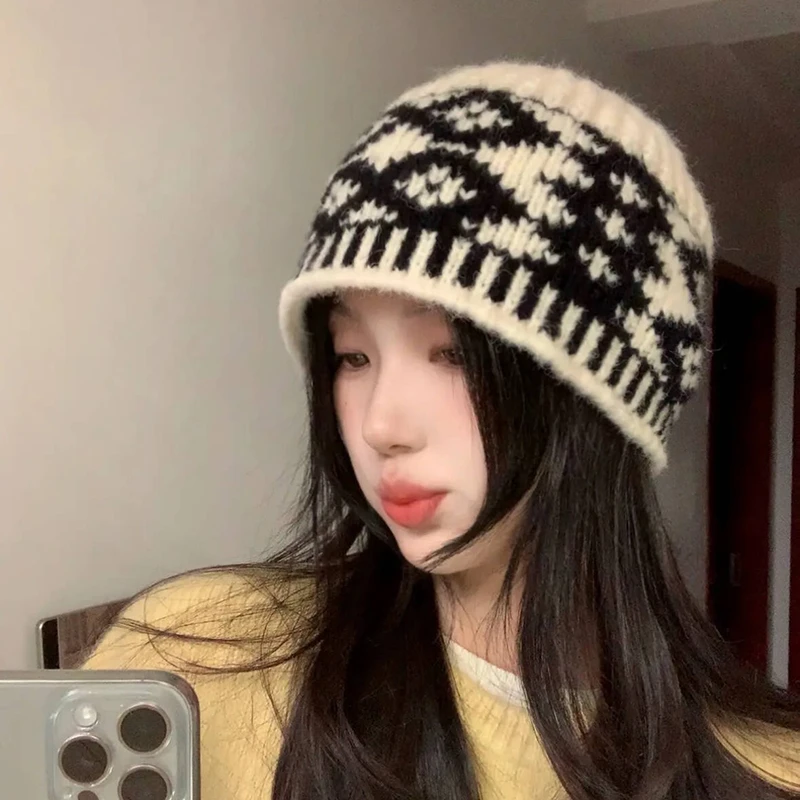 韩版格纹针织毛线帽子女2025新款时尚潮流秋冬百搭显脸小保暖盆帽
