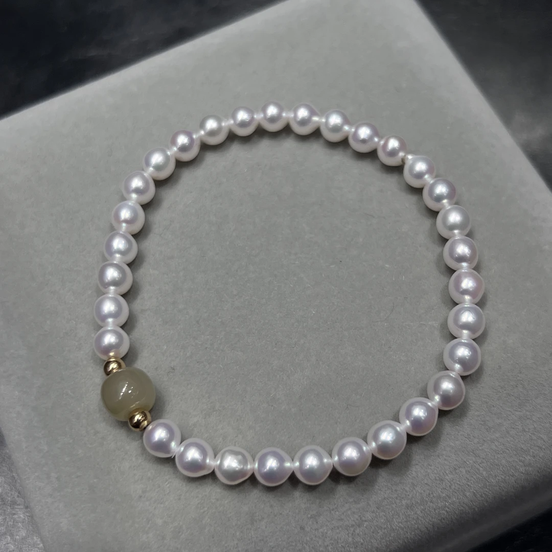 时宜珍珠独山玉淡水AK珍珠18k小球5-6mm近圆微瑕高亮手链长度16cm