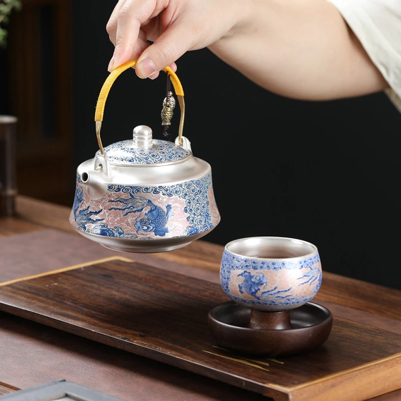 鎏银提梁壶功夫茶具一壶一杯轻奢中式泡茶器家用陶瓷茶壶礼盒装