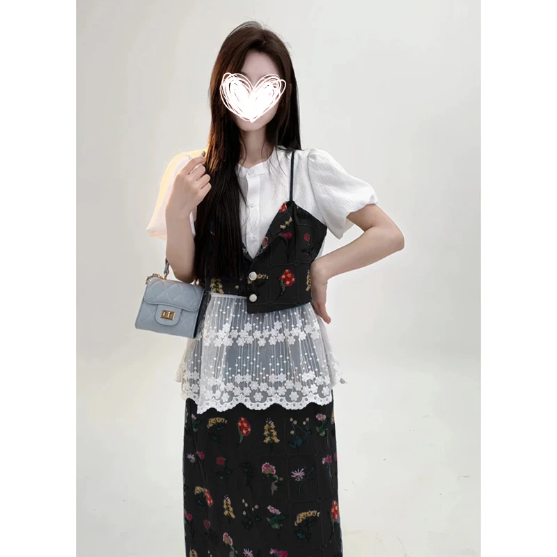 FRVXO【暗夜繁花】春游时尚泡泡袖上衣千金小众长/短半裙/裤套装
