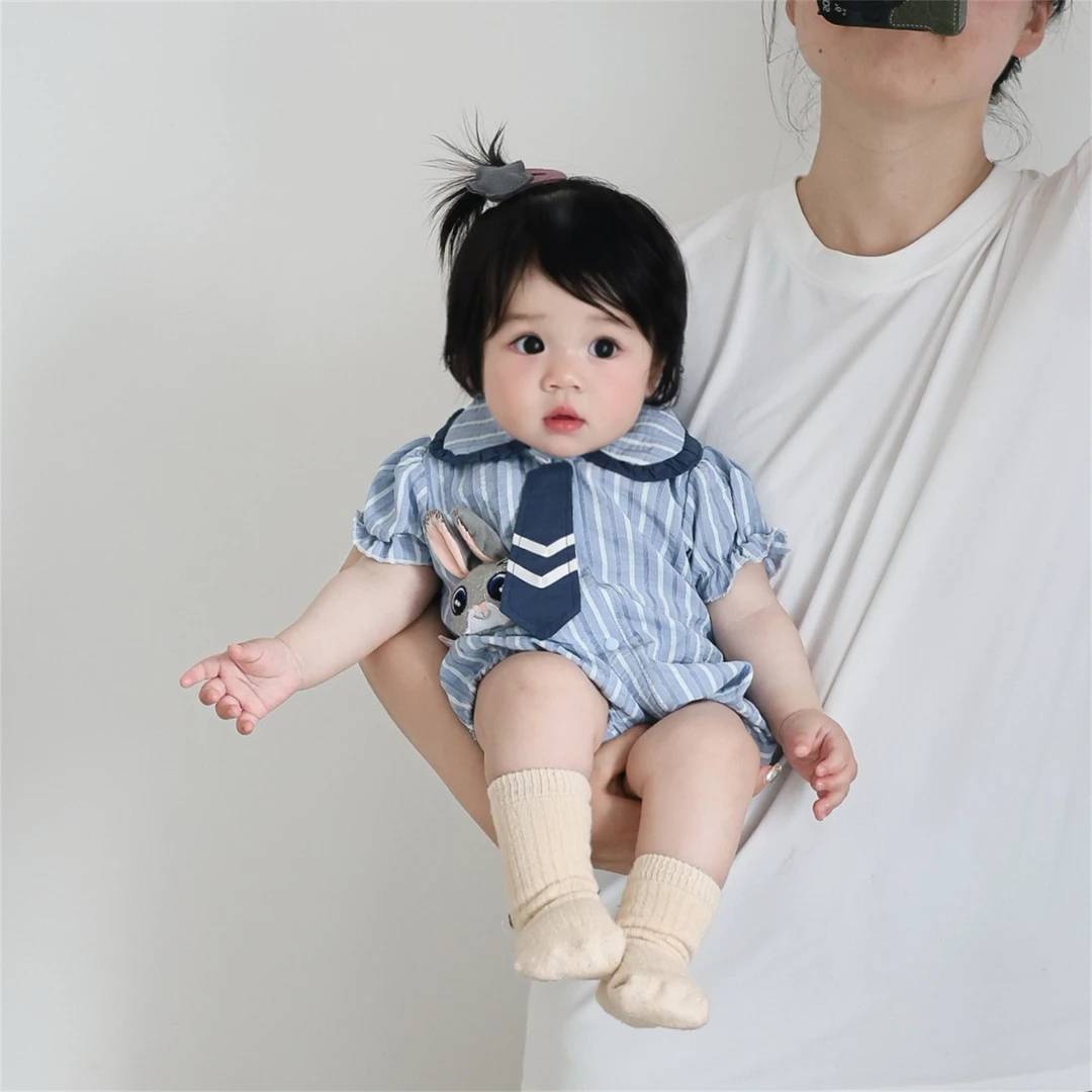 婴儿夏季包屁衣女童条纹短袖小兔子连体衣宝宝周岁小月龄衣服薄款
