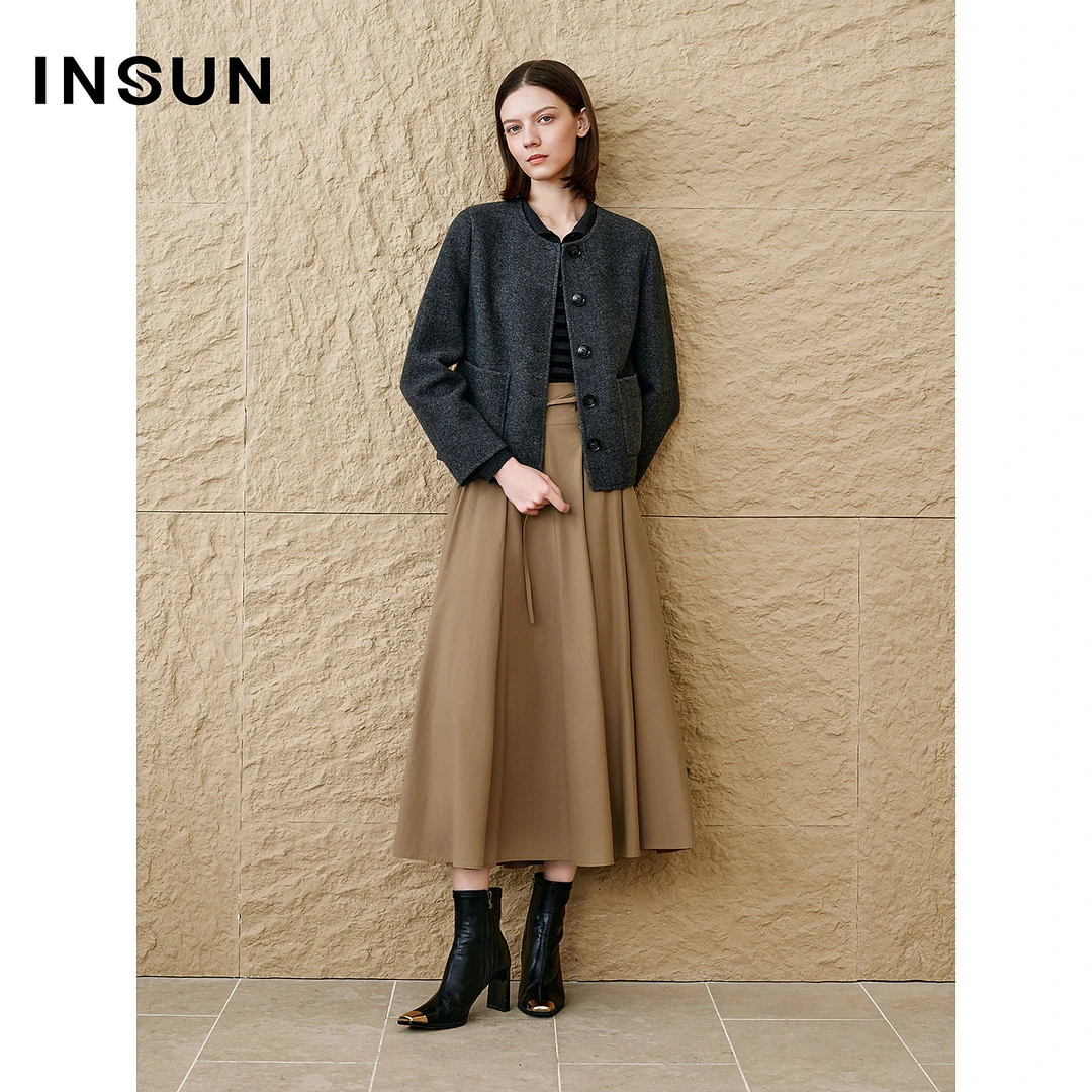 INSUN恩裳专选2025秋季复古圆领箱型羊毛短外套