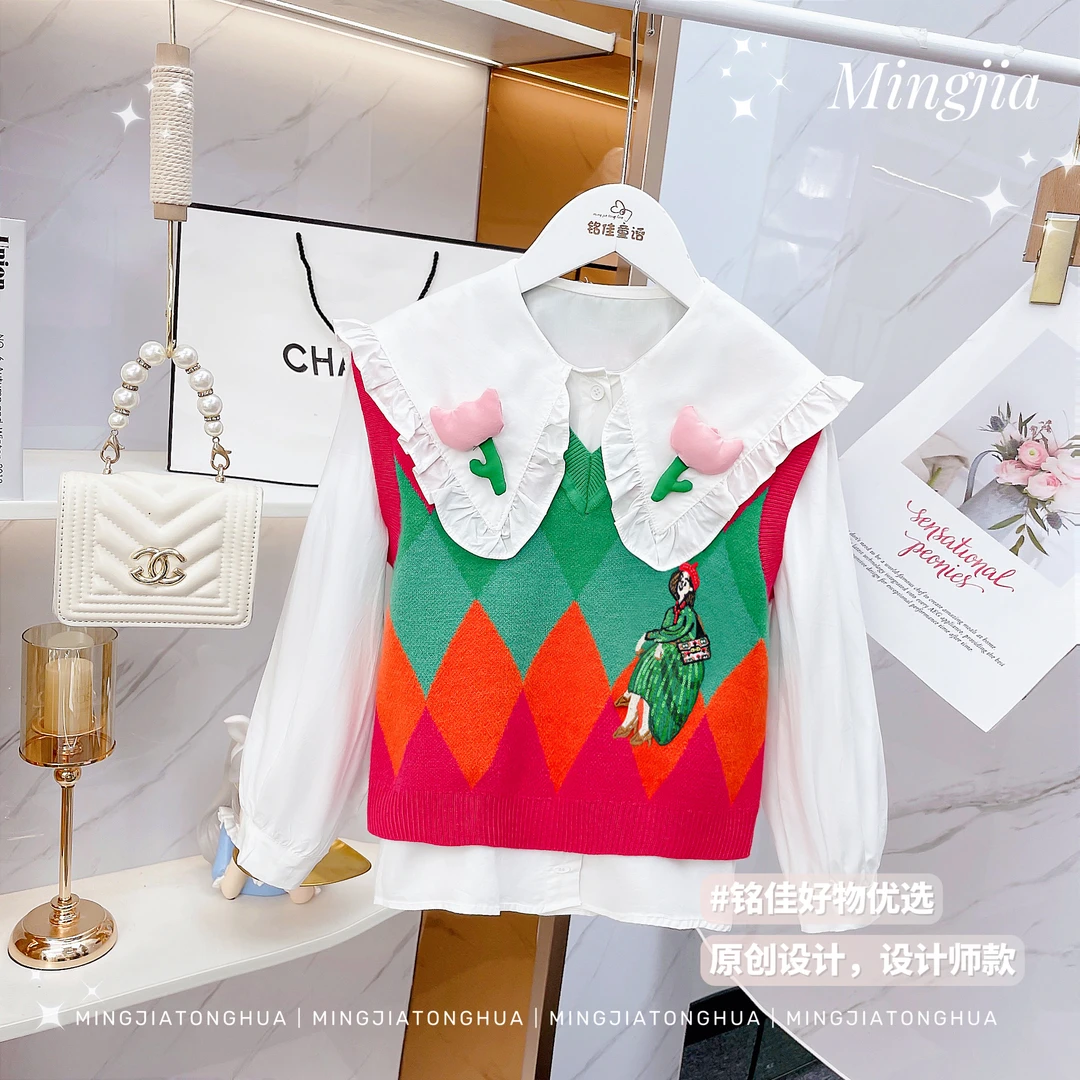 女童套装2025春装儿童格子时髦春秋小女孩马甲衬衫两件套ZH533