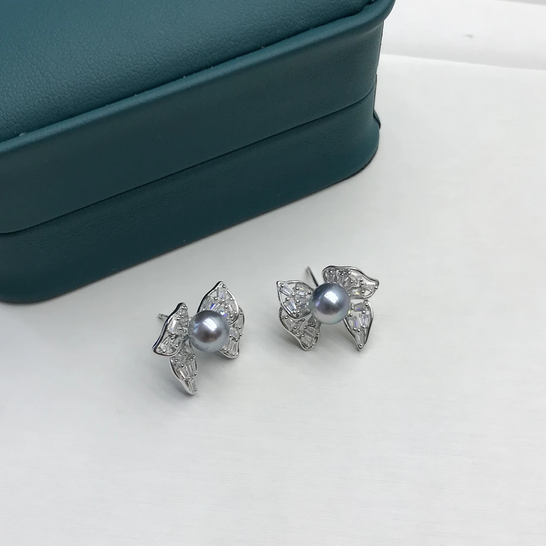 海水akoya真多麻蝴蝶结耳钉S925百搭经典6-7mm