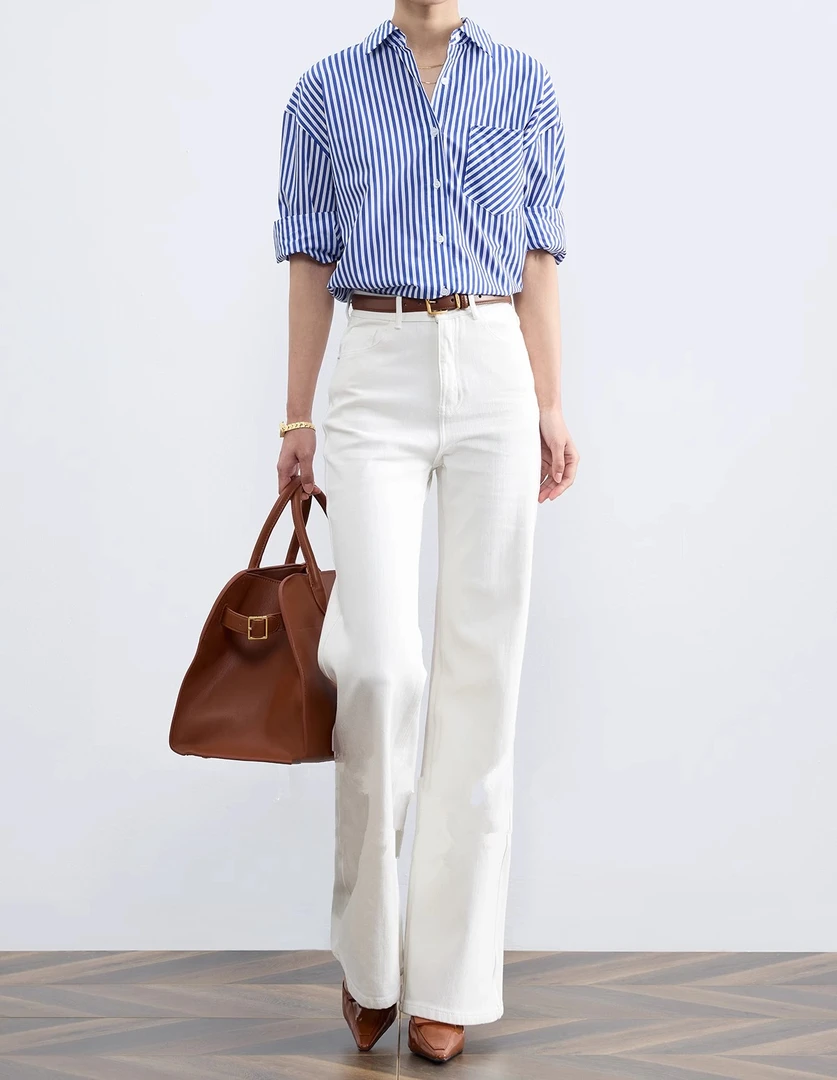 【白富美】早秋开学新款白色显瘦直筒牛仔裤女肌理感高腰阔腿微喇裤