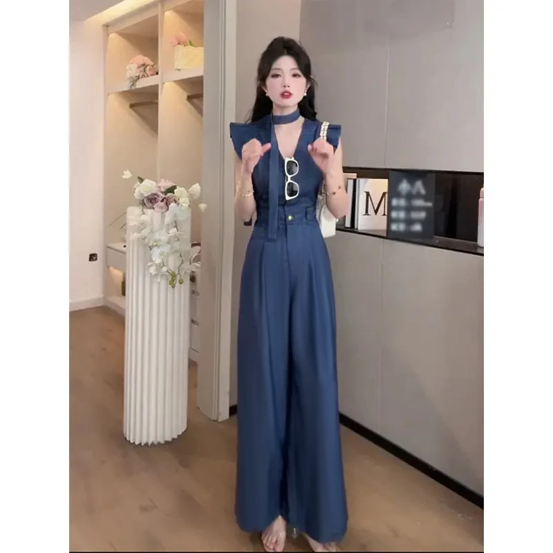 【沐紫专属】【送腰带】牛仔连体裤2025夏季飞飞袖直筒阔腿长裤D1311