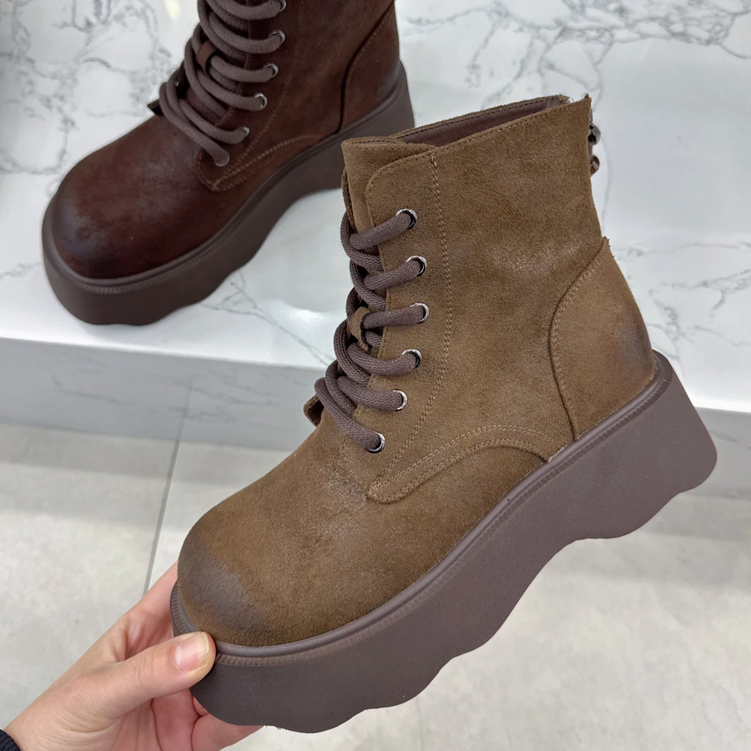 福利款棕色休闲时尚短靴弹力绒布系带女靴