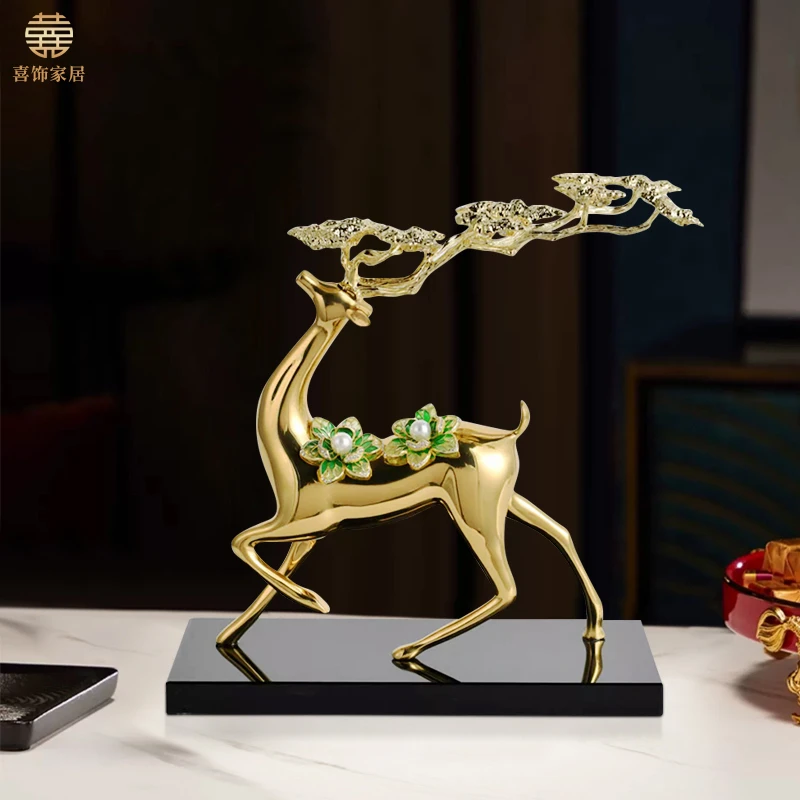 新中式一路生花全铜迎客松珐琅彩鹿摆件家居客厅乔迁生日结婚礼品