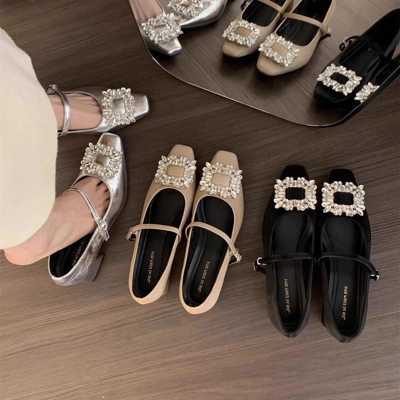 粗跟法式银色玛丽珍鞋女鞋2025新款春季方头水钻高级感网红单鞋潮