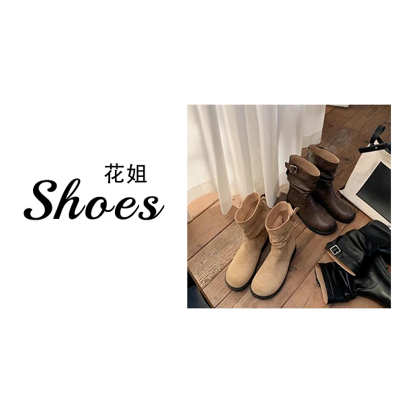 2025新款秋冬韩系圆头褶皱绒面粗跟厚底堆堆低帮短筒靴女款