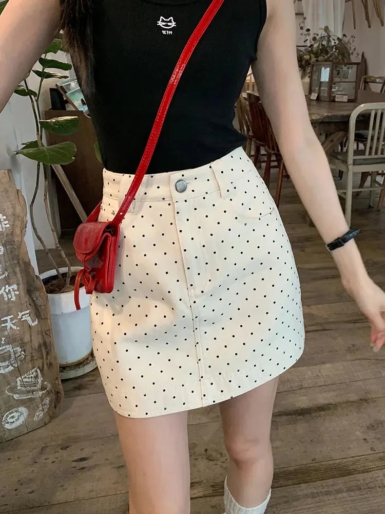 裙子夏季新款高腰显瘦防走光a字短裙复古碎花百褶牛仔半身裙A字