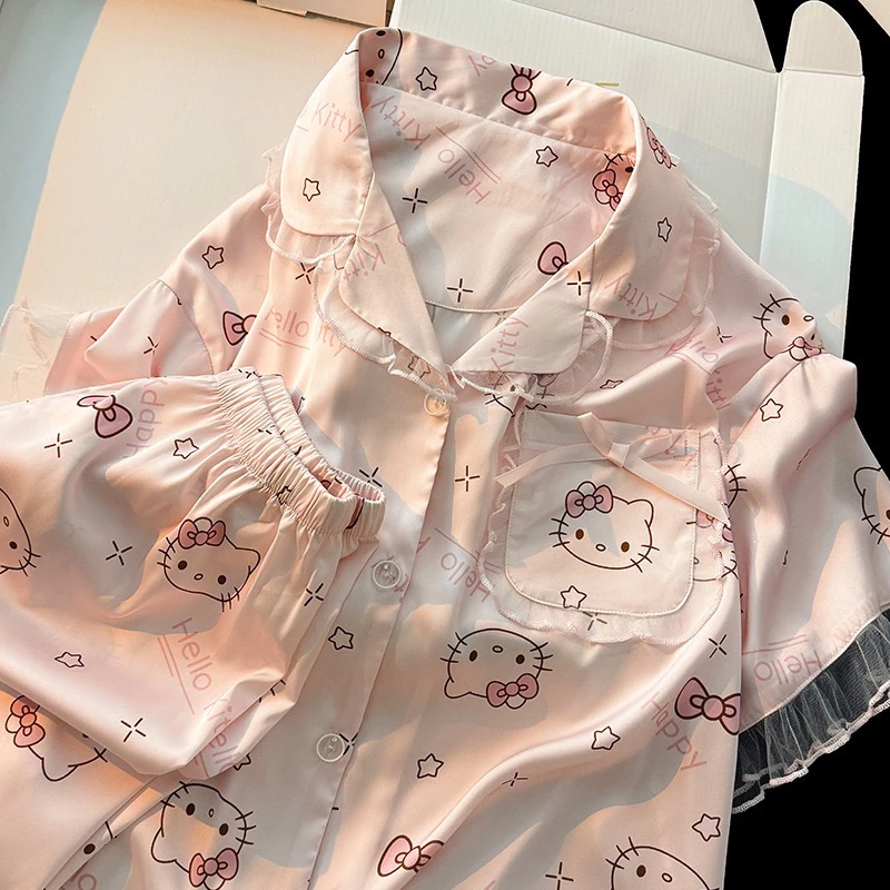 Kitty猫少女冰丝睡衣夏季薄款短袖长裤甜美风可外穿家居服