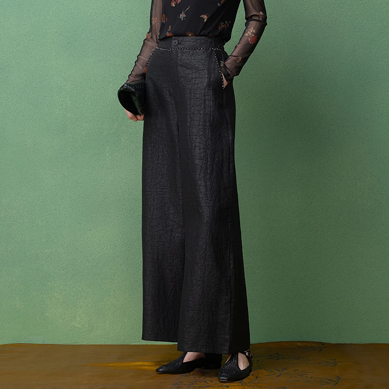 【非遗香云纱】生活在左2025秋桑蚕丝阔腿裤手工串珠裤子T1953243