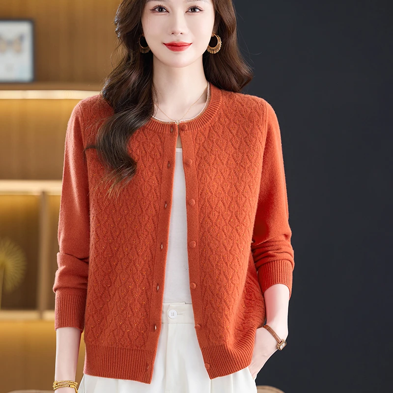 100%纯羊毛针织开衫女士外套秋冬款妈妈装时尚洋气毛衣外搭女上衣