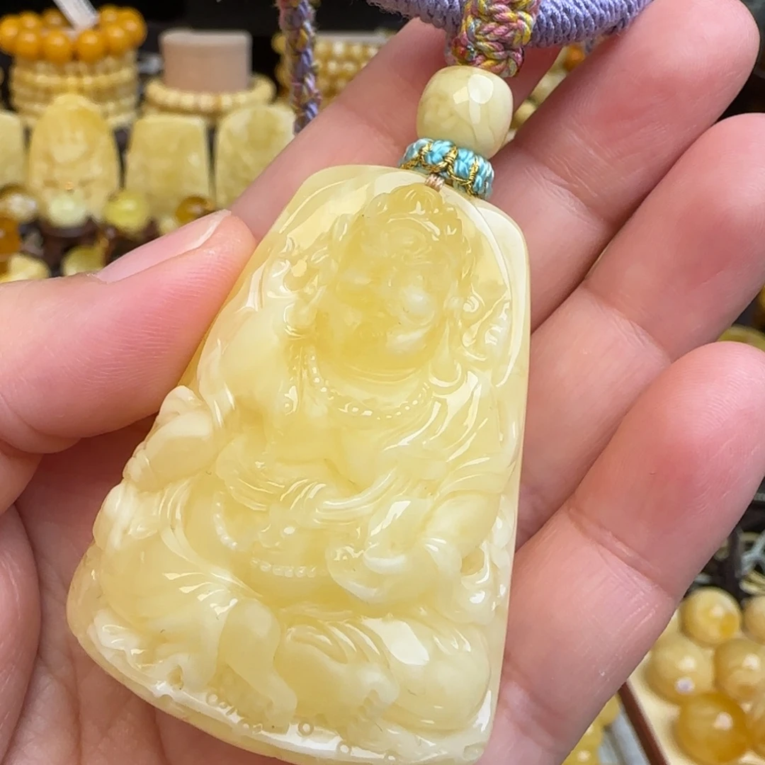 琥珀未镶嵌套链天然蜜蜡黄财神吊坠